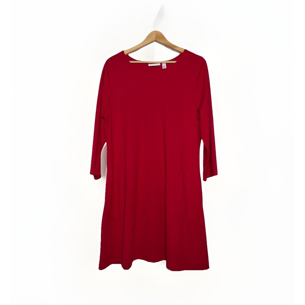 Susan Graver Woman's Knit Pullover Casual Red Dress Size L Pockets 3/4 Sleeves
